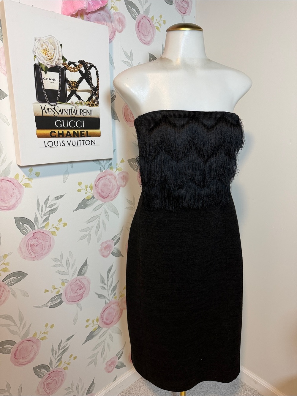 Banana Republic Black Strapless Fringe Sheath Dress